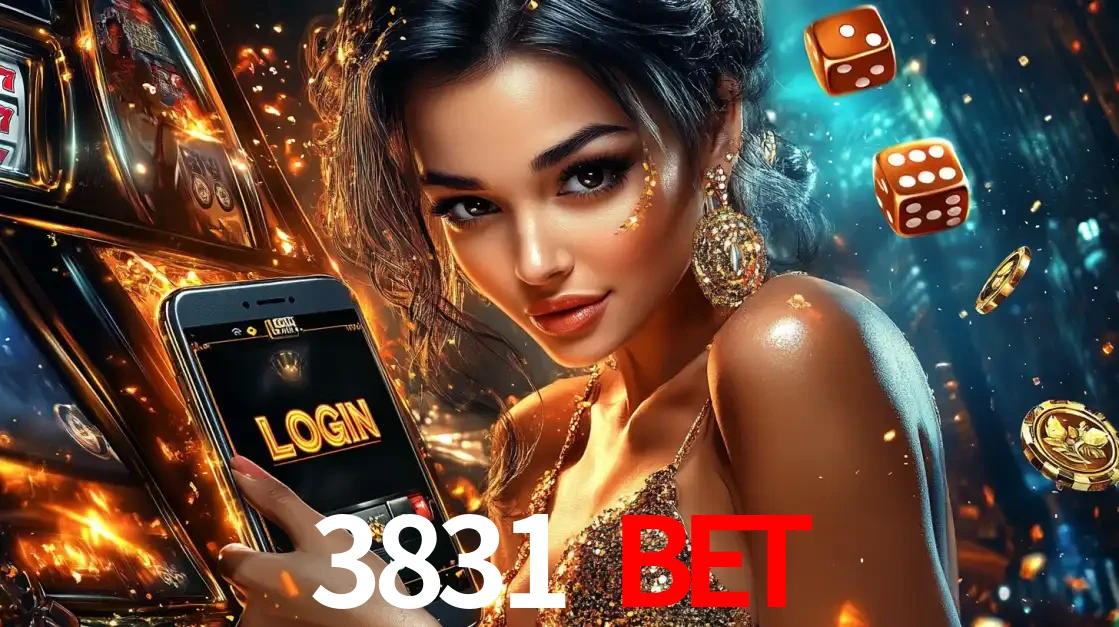 Mulher glamourosa segurando um celular com a tela de login do cassino 3831 bet, rodeada por dados e moedas douradas, pronta para começar a diversão.