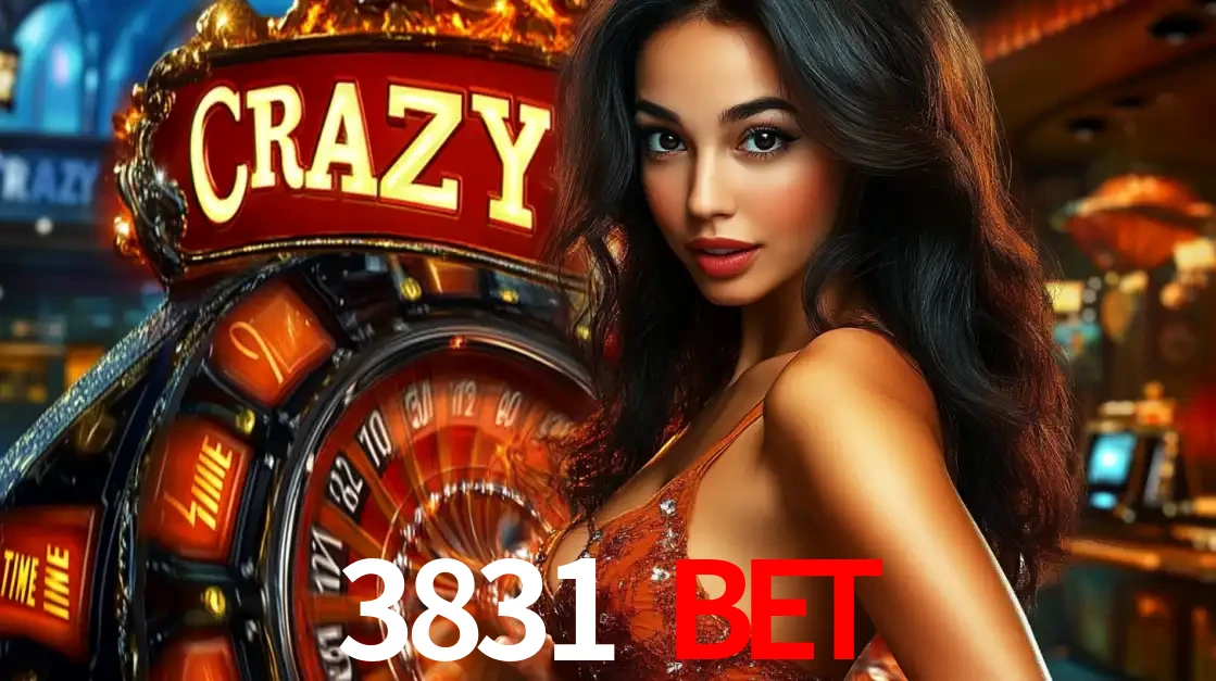 Mulher glamourosa olhando para a câmera com a roda vermelha do Crazy Time ao fundo em um ambiente de cassino, destacando a emoção dos jogos ao vivo no 3831 bet.
