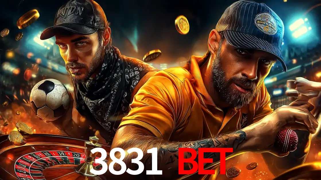 Montagem de apostas esportivas e cassino no 3831 bet, com um homem segurando uma bola de futebol e outro uma de beisebol sobre uma roleta e moedas voadoras.