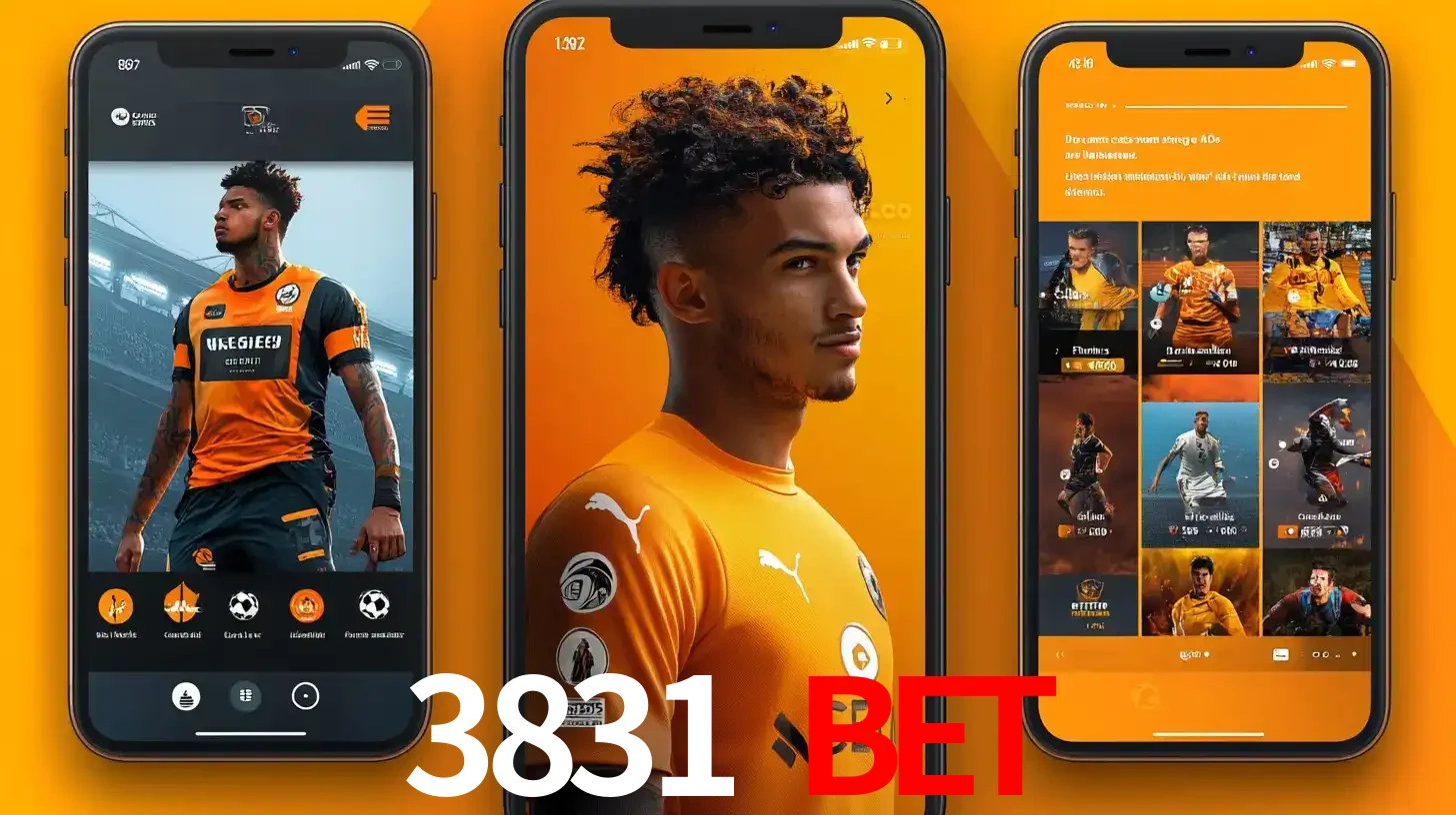 Interface do aplicativo de apostas esportivas 3831 bet em três telas de celular, mostrando o perfil de um jogador de futebol e a lista de jogos disponíveis para apostar.
