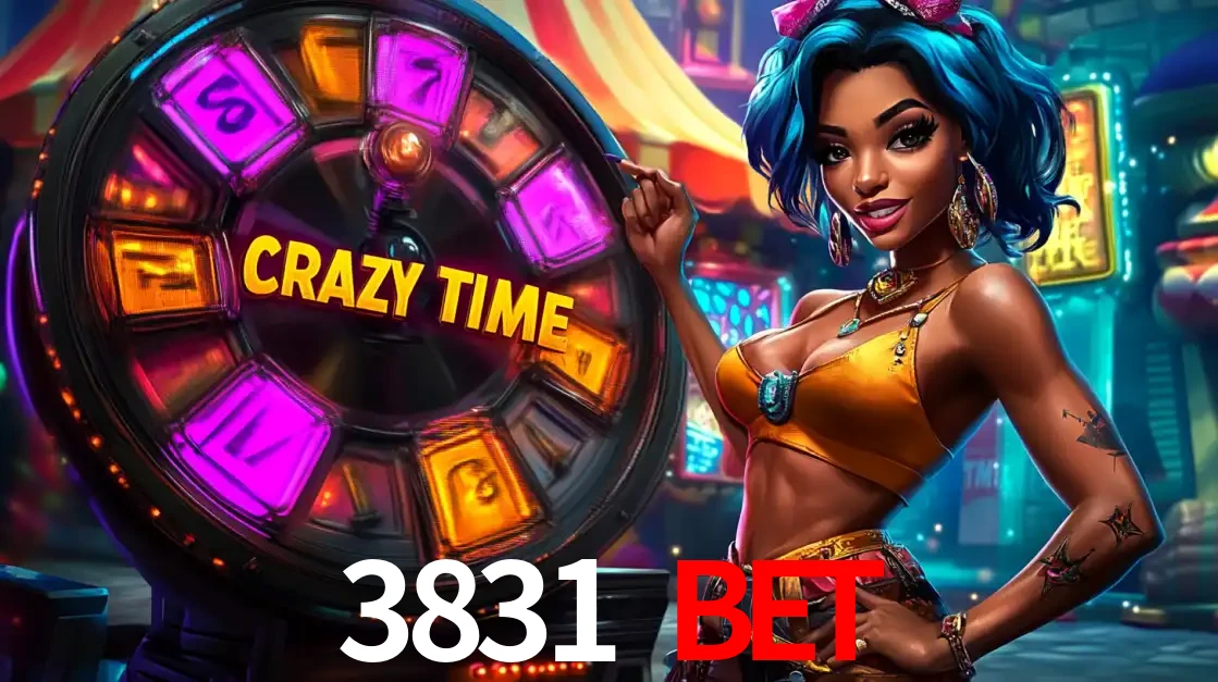 Mulher estilizada com cabelo azul e visual vibrante posando ao lado da roda de prêmios do game show Crazy Time, convidando para a diversão e os bônus do cassino 3831 bet.