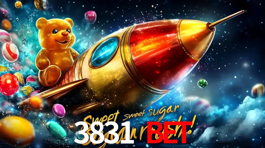 Arte promocional do jogo de slot Sugar Rush, com um urso de pelúcia em um foguete viajando pelo espaço de doces, um dos jogos divertidos disponíveis no cassino 3831 bet.