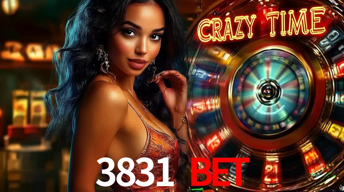 Mulher elegante ao lado da vibrante roda da fortuna do jogo de cassino ao vivo Crazy Time, um dos game shows mais populares e cheios de prêmios do 3831 bet.